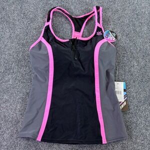 ZeroXposur Tankini Top Women 10 Pink Black Zip UPF 30+ NWT Athletic Swimwear